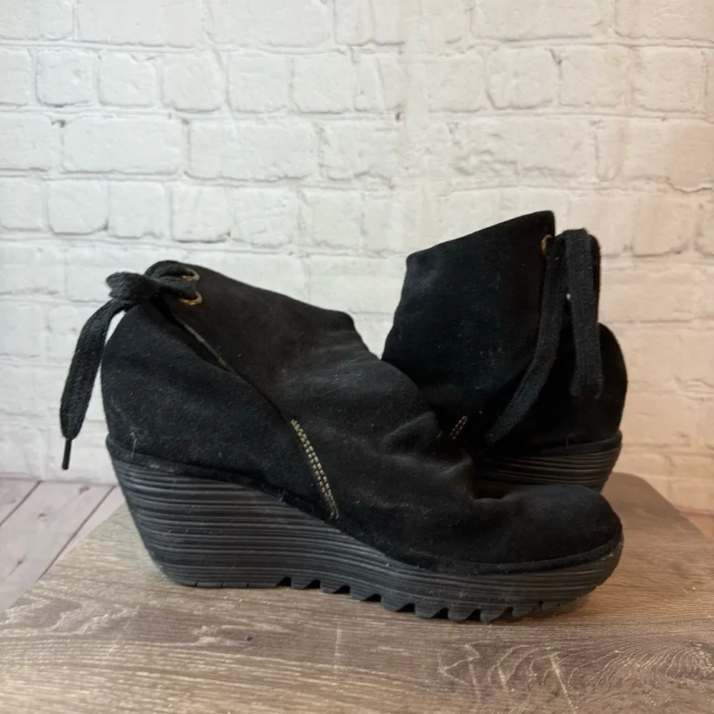 Fly London Yama Black Suede Wedge Ankle Boots size 41
